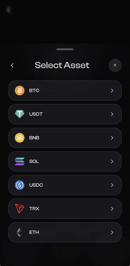 Athena select-asset screen for funding with crypto