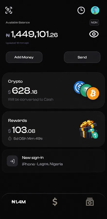 Athena home screen showing a naira balance, crypto and rewards