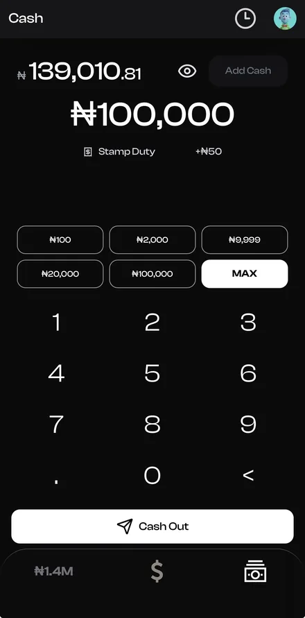 Athena send cash keypad screen