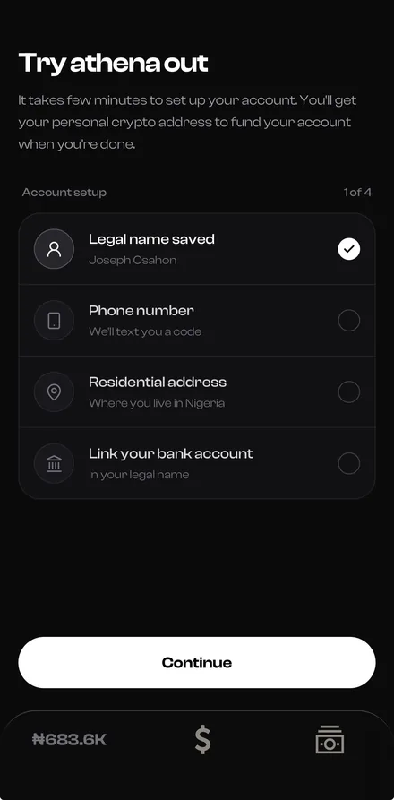 Athena account setup screen with verification steps